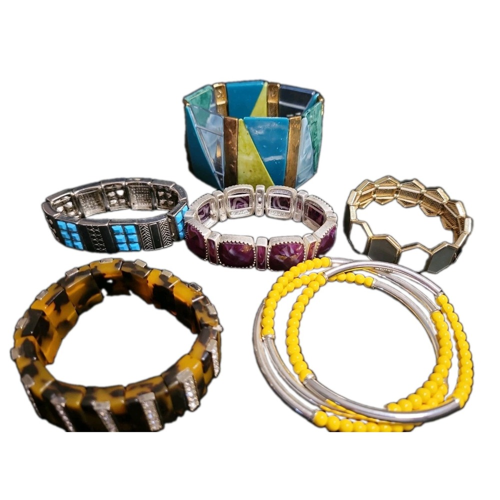 6 Stretch Bracelets Silver/Gold Tone Enamel Rhinestones Jewelry Lot
